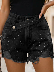Women's washed distressed studded denim shorts