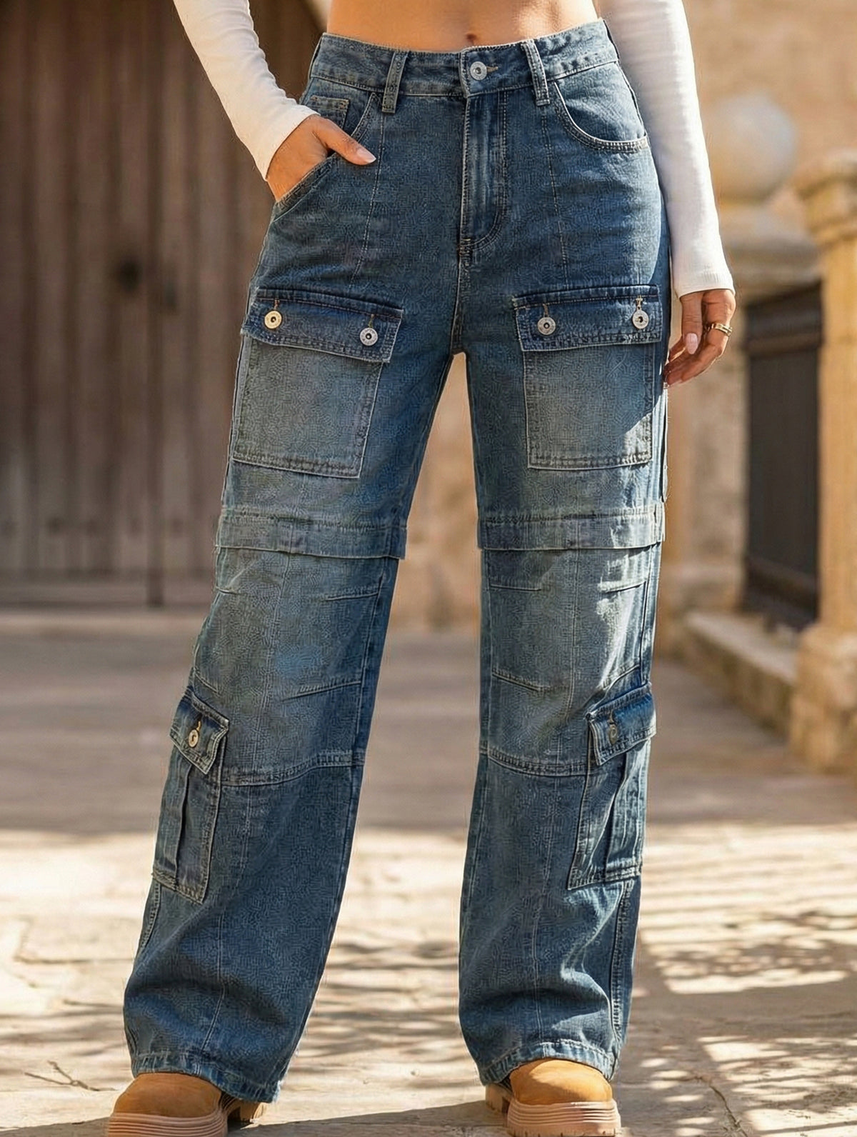Women's washed heavy-duty multi-pocket jeans_CWJP00883