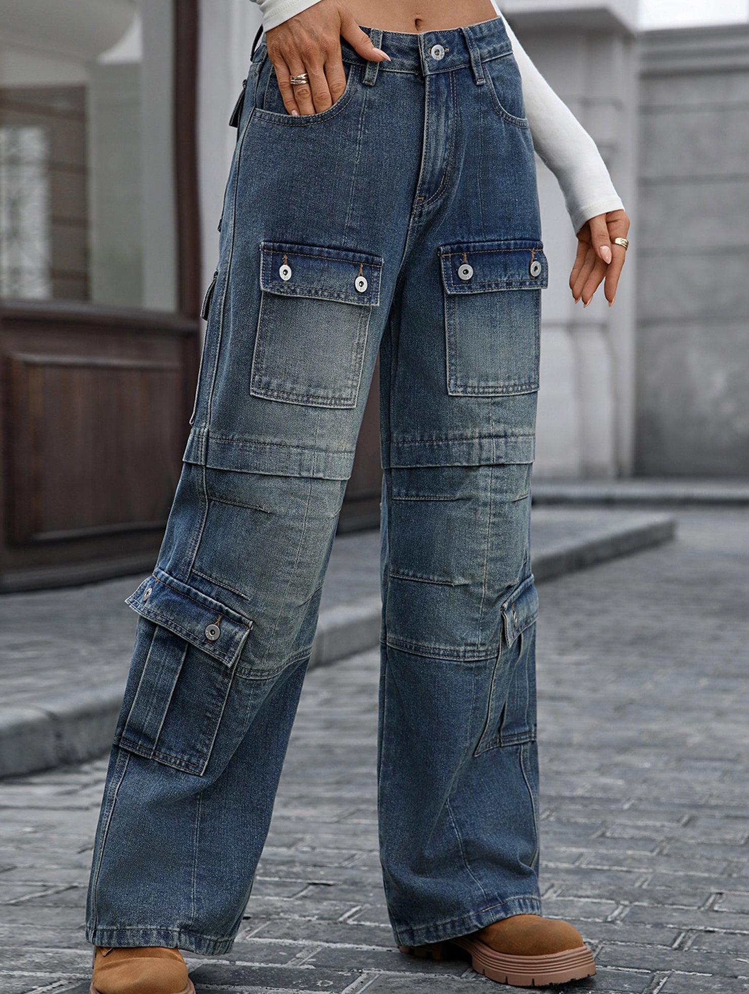Women's washed heavy-duty multi-pocket jeans_CWJP00883