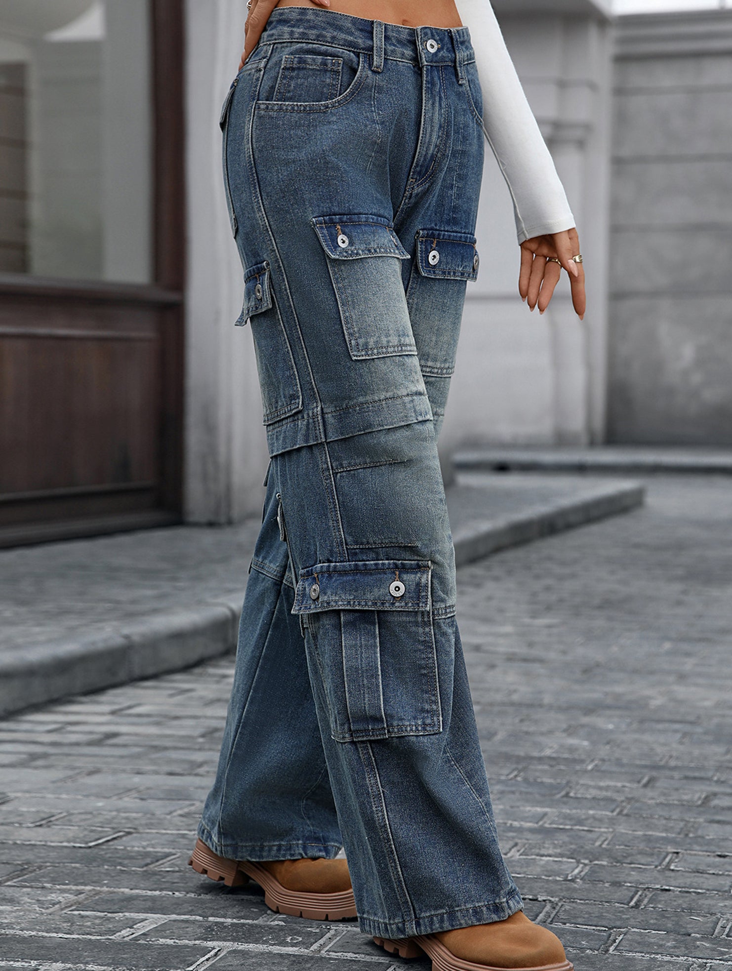 Women's washed heavy-duty multi-pocket jeans_CWJP00883