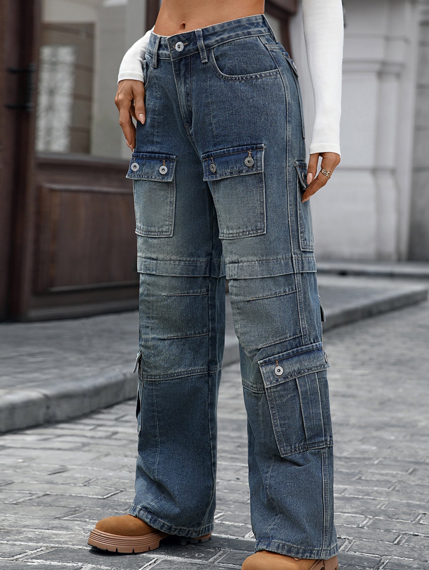 Women's washed heavy-duty multi-pocket jeans_CWJP00883