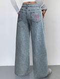 Bow Embroidered High Waist Wide Leg Jeans