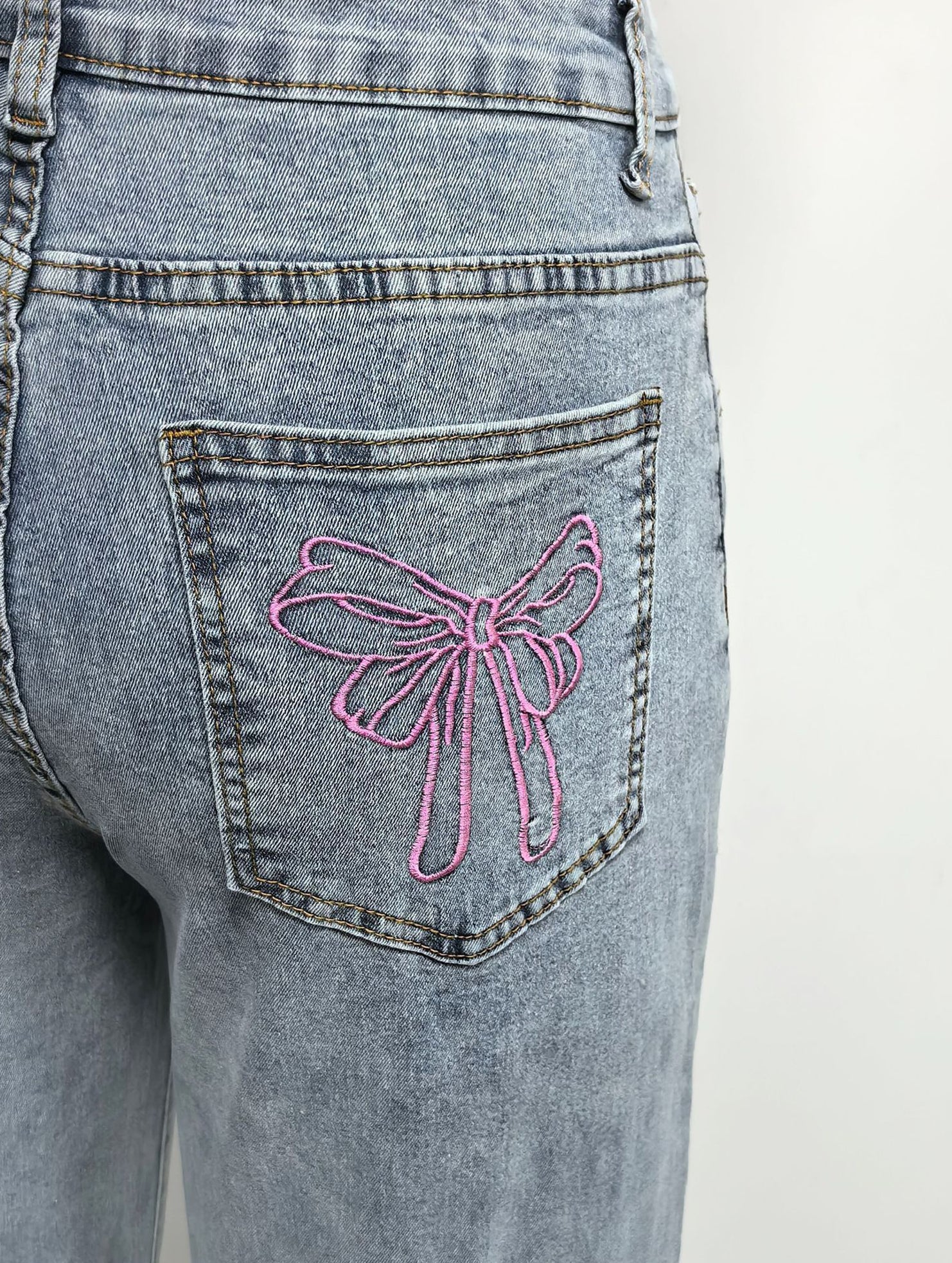 Bow Embroidered High Waist Wide Leg Jeans