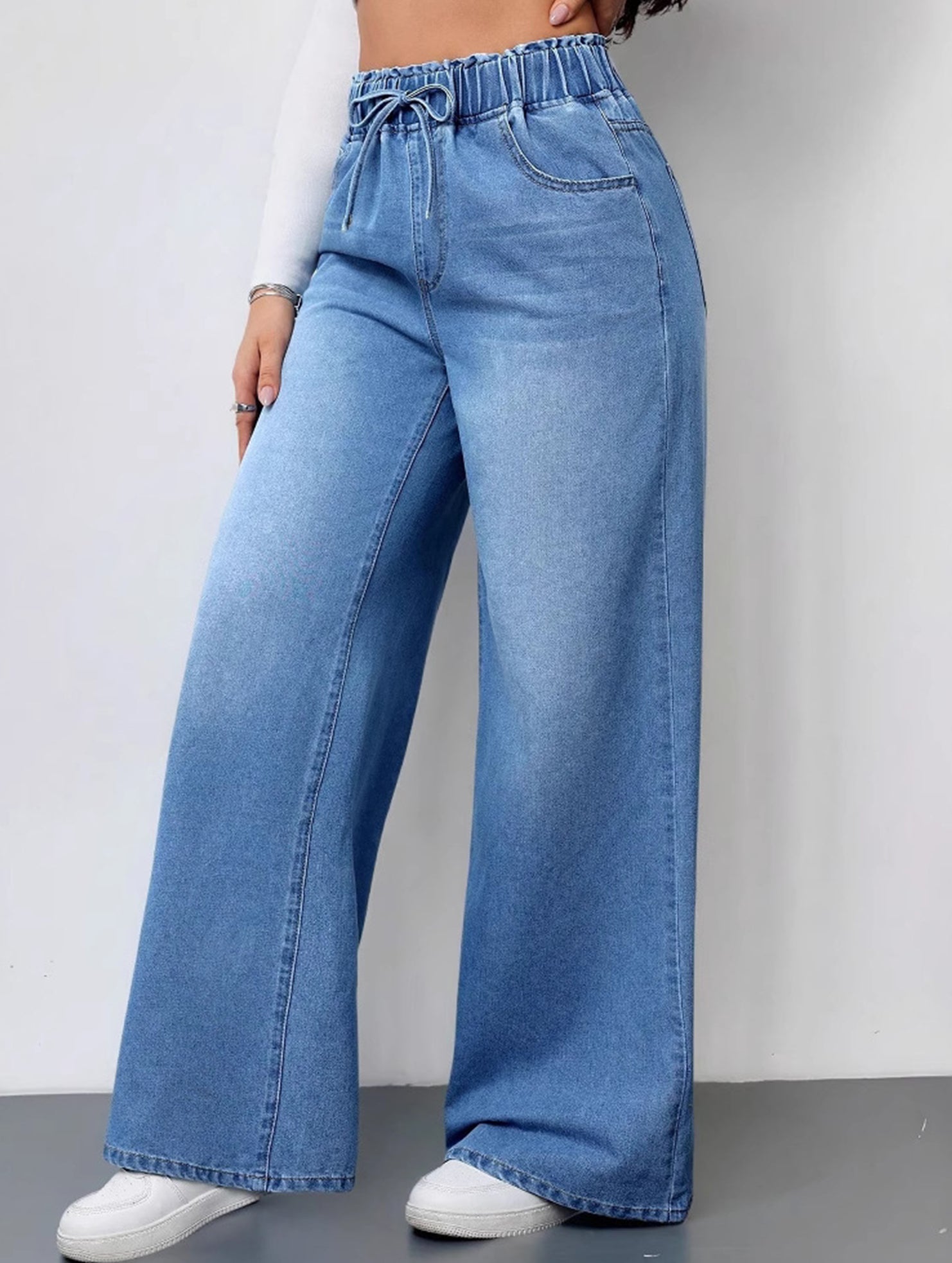 Elastic Waist High Waist Wide Leg Jeans