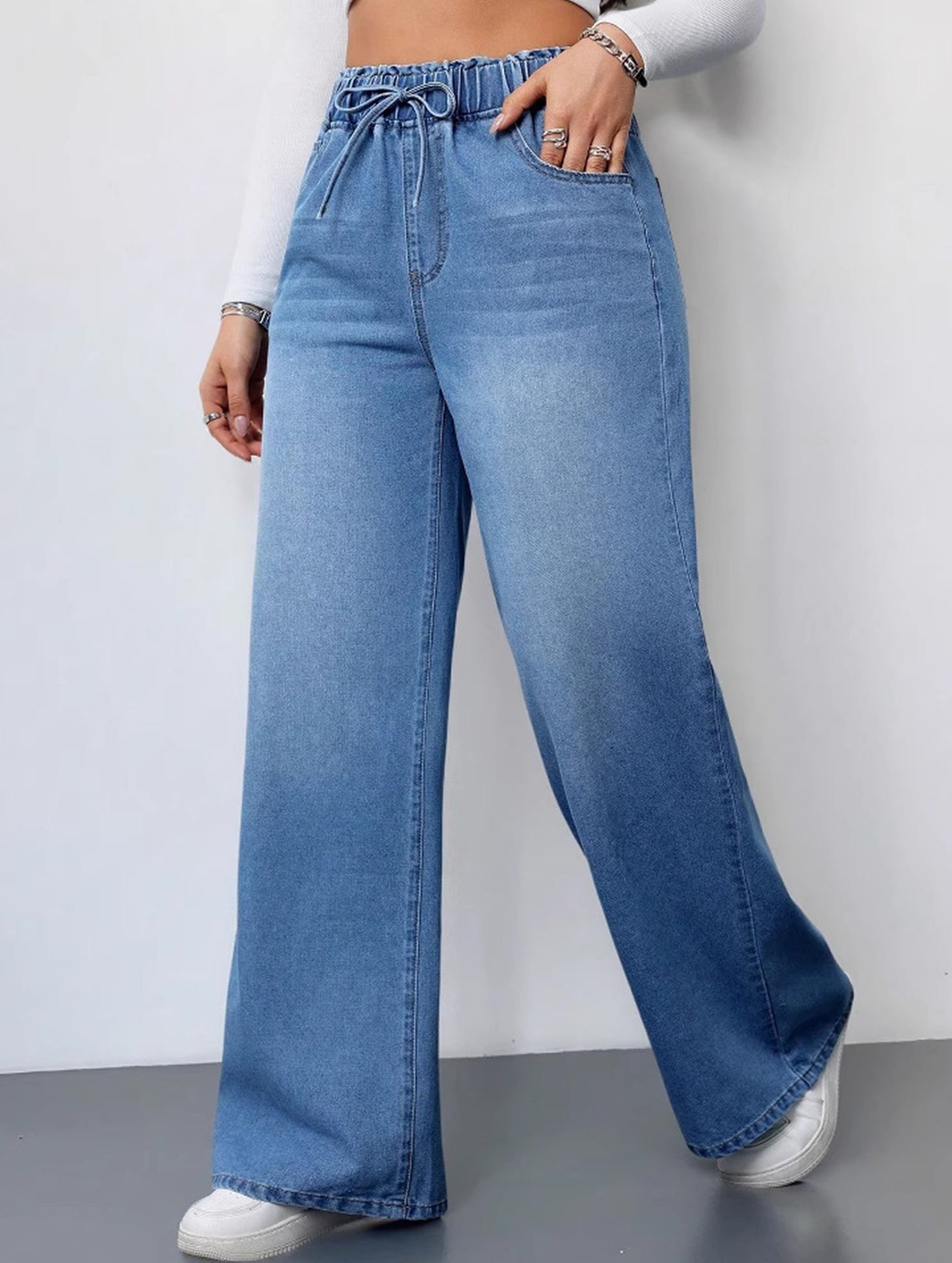 Elastic Waist High Waist Wide Leg Jeans