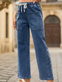 Washed Drawstring Stretch Jeans