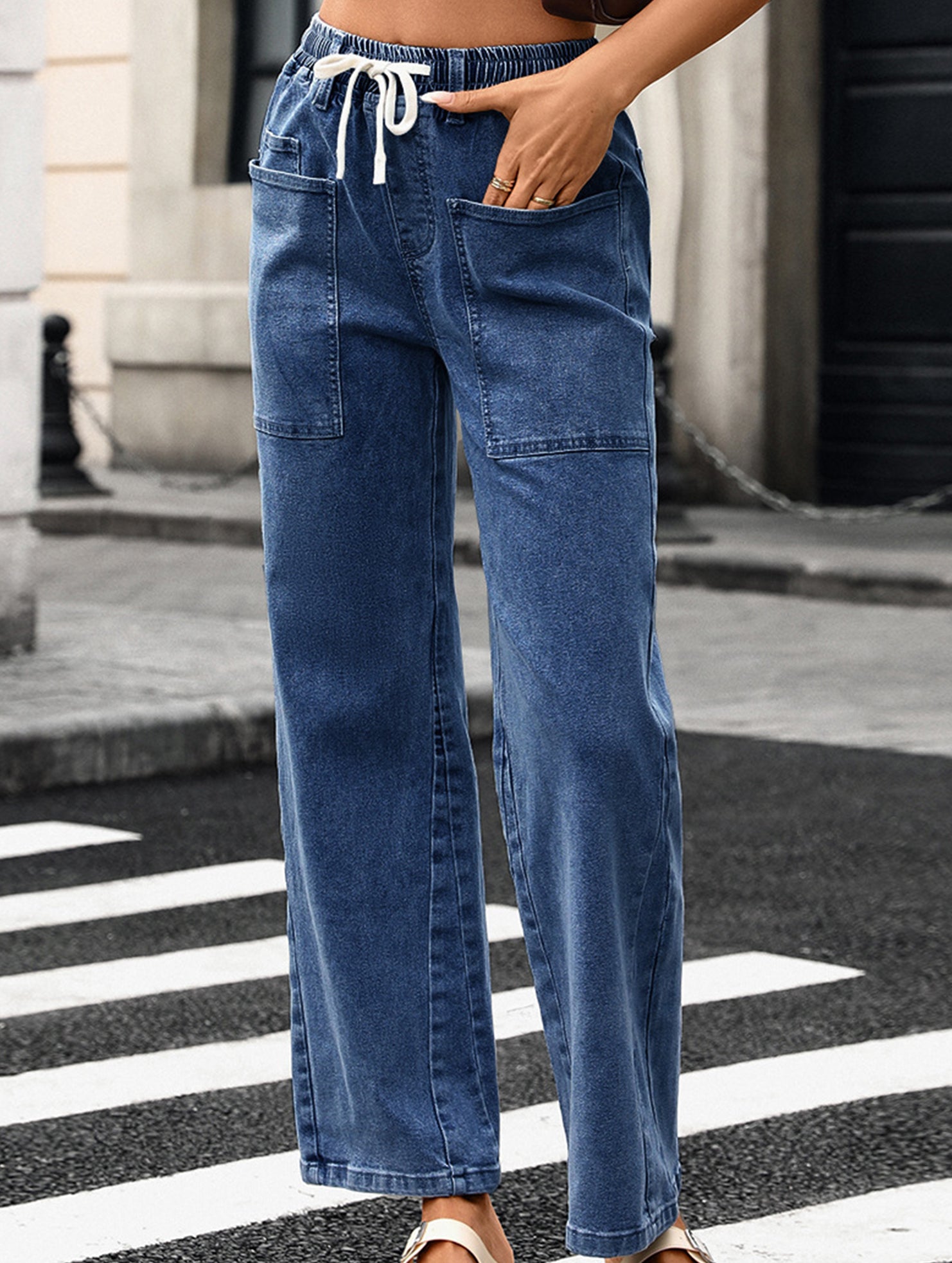 Washed Drawstring Stretch Jeans