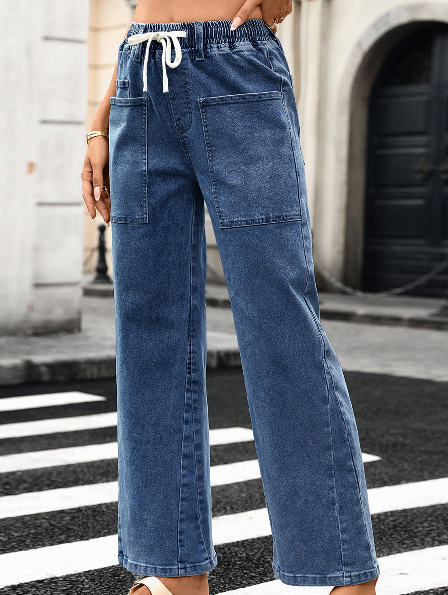 Washed Drawstring Stretch Jeans