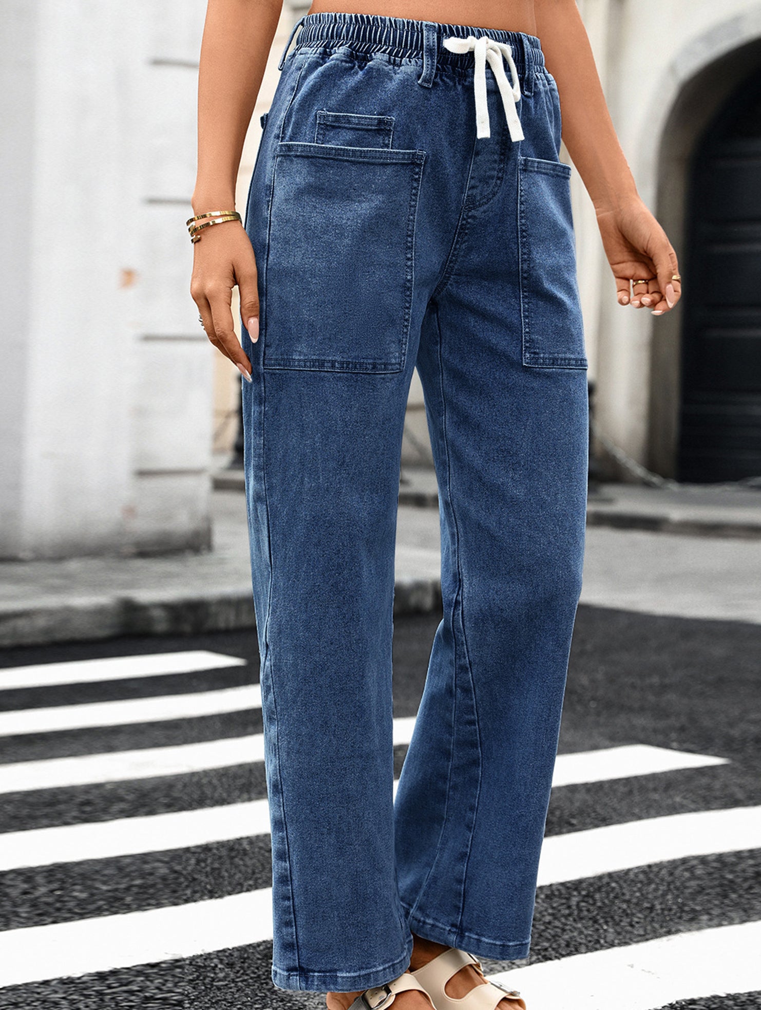 Washed Drawstring Stretch Jeans