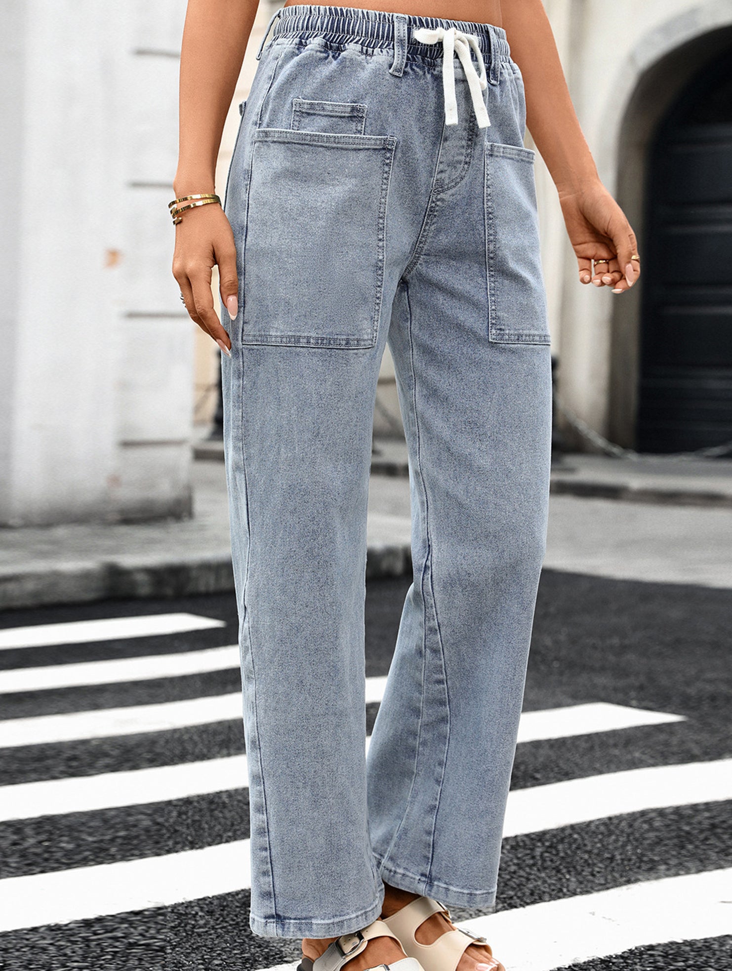 Washed Drawstring Stretch Jeans