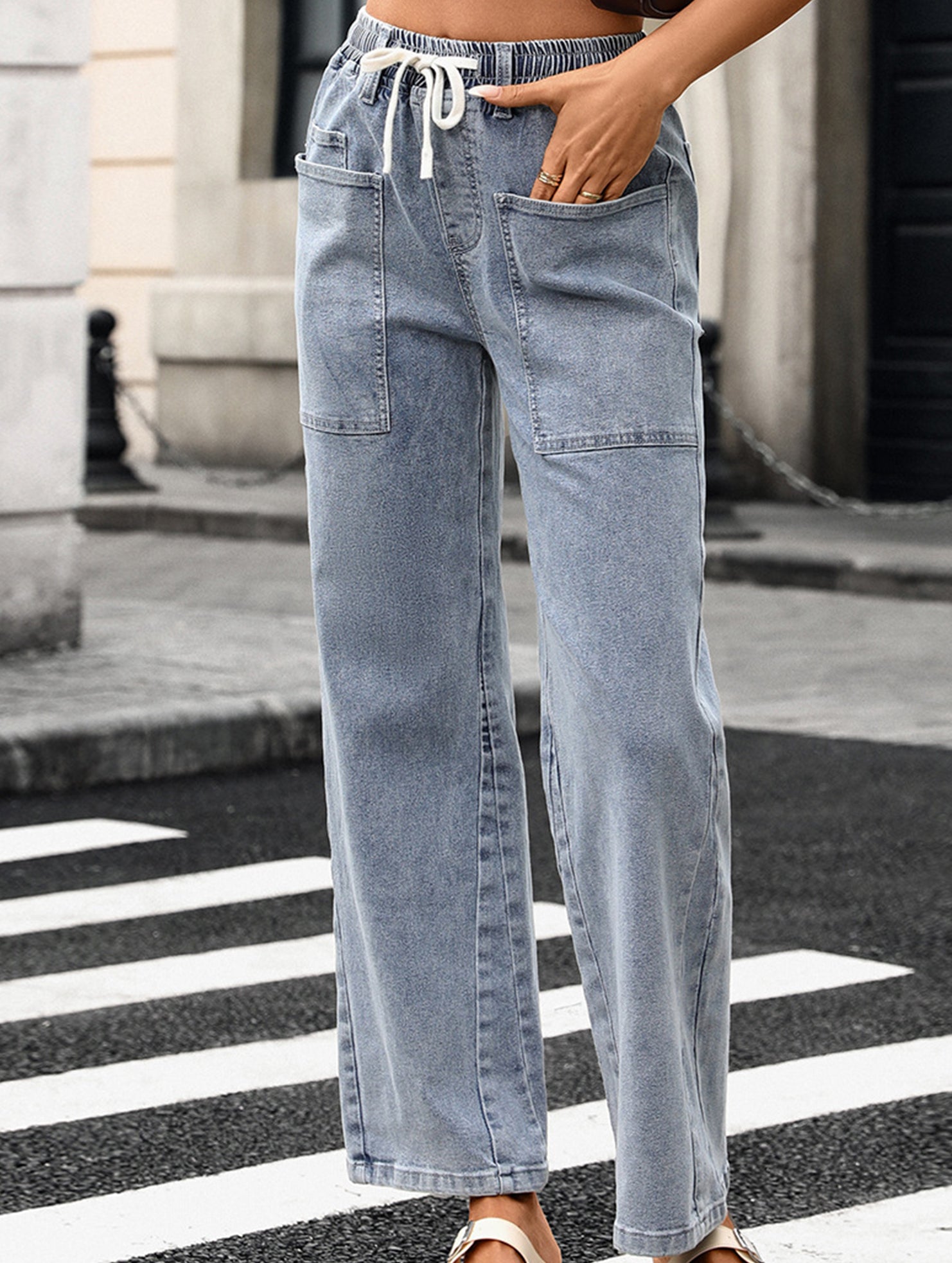 Washed Drawstring Stretch Jeans