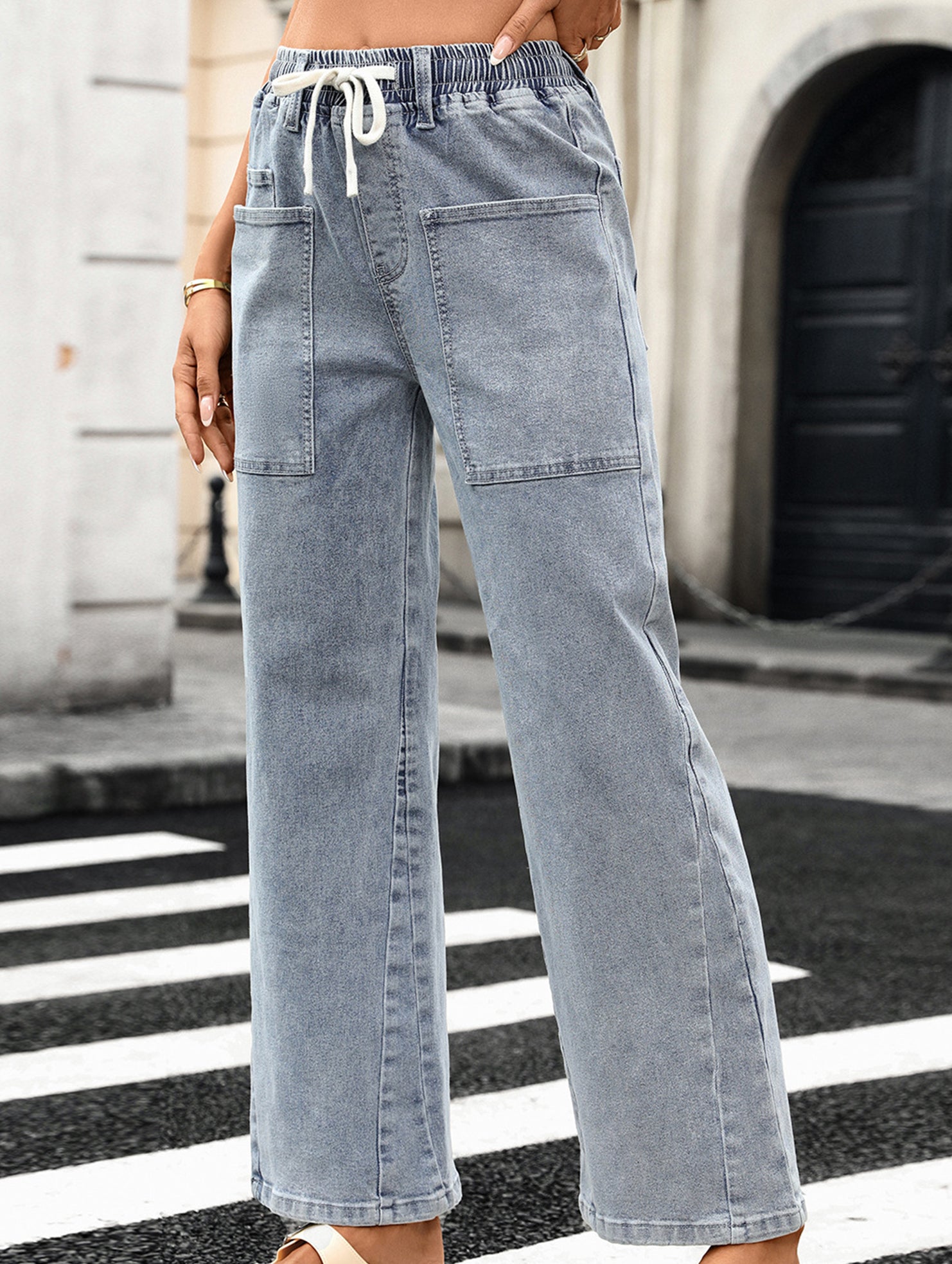 Washed Drawstring Stretch Jeans