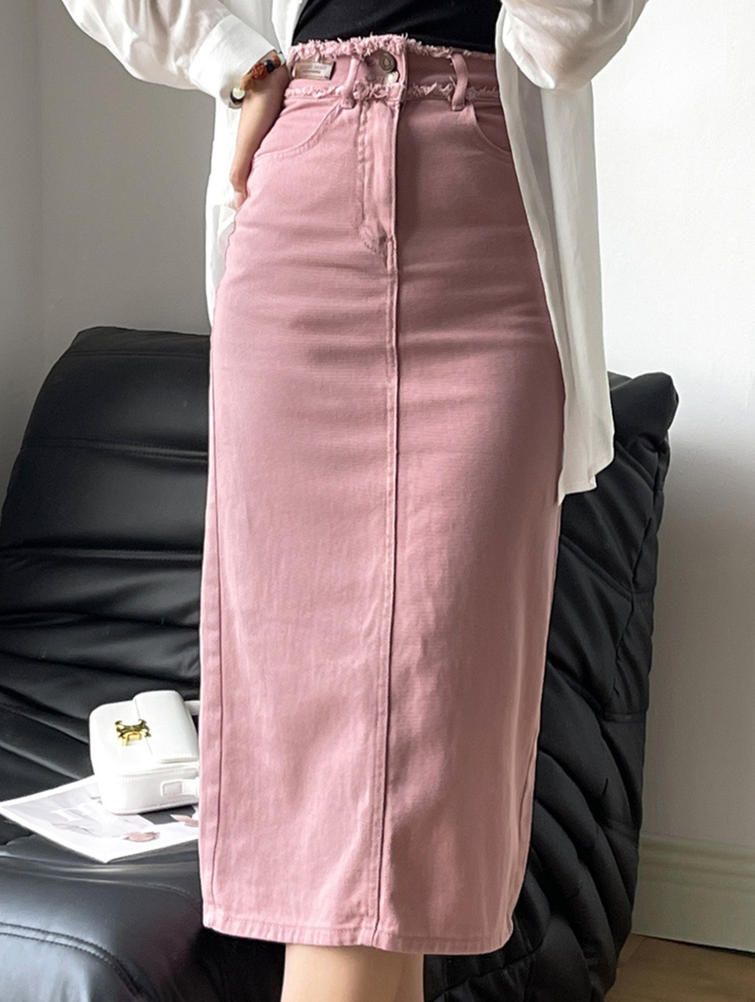 High-waisted midi skirt with slit
