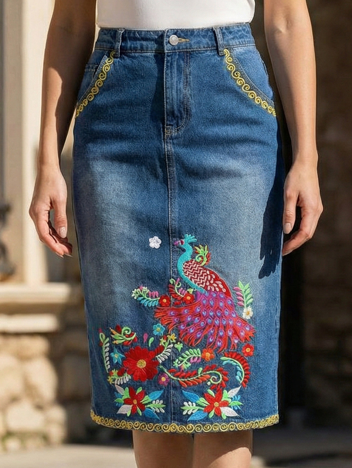 Heavy-duty embroidered denim slim-fit midi skirt_CWJSK00238