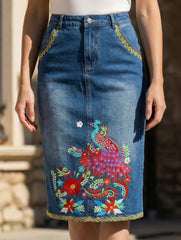 Heavy-duty embroidered denim slim-fit midi skirt_CWJSK00238