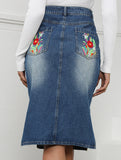 Heavy-duty embroidered denim slim-fit midi skirt_CWJSK00238
