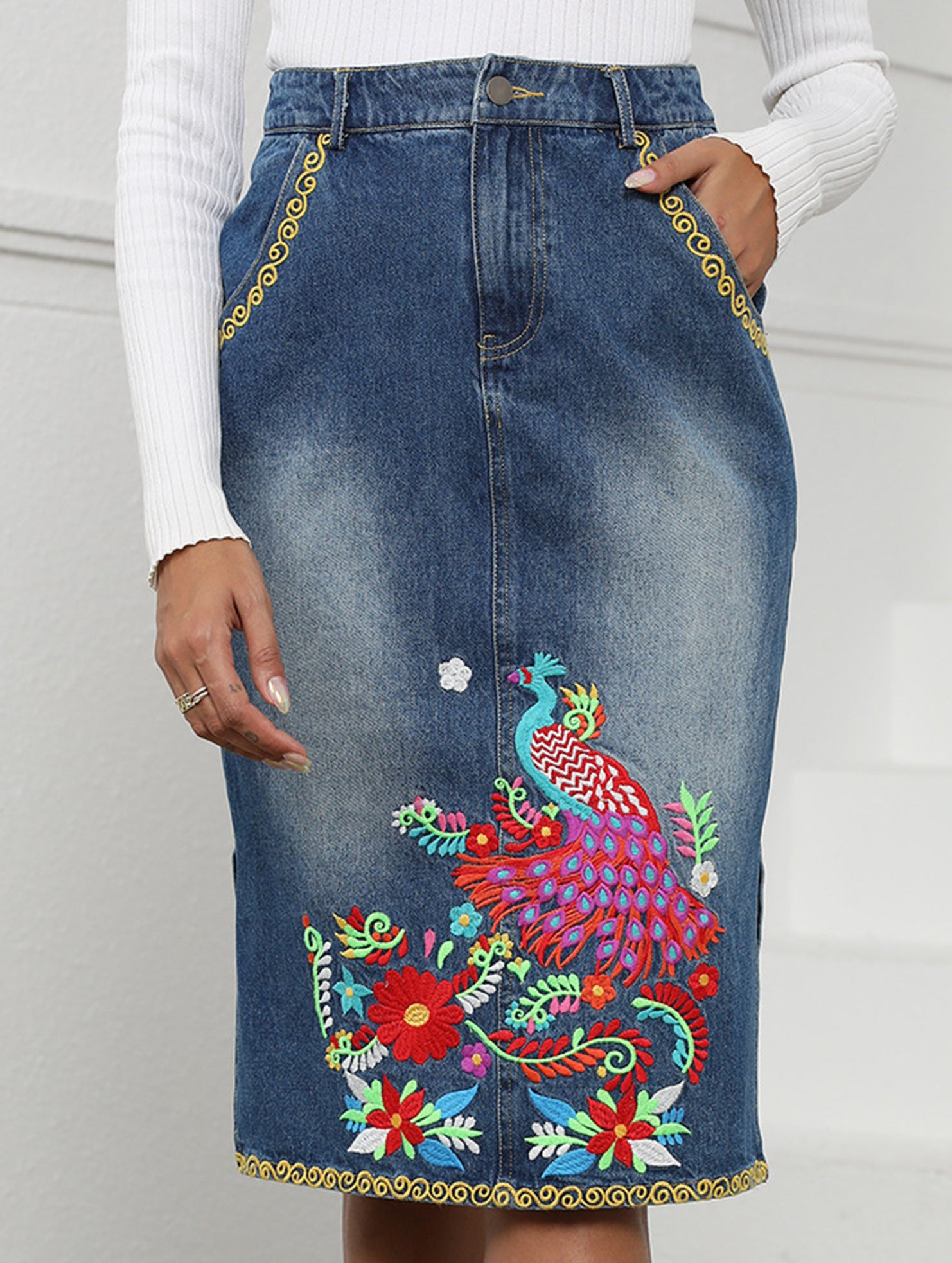 Heavy-duty embroidered denim slim-fit midi skirt_CWJSK00238