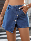 Washed button-embellished irregular denim skirt pants