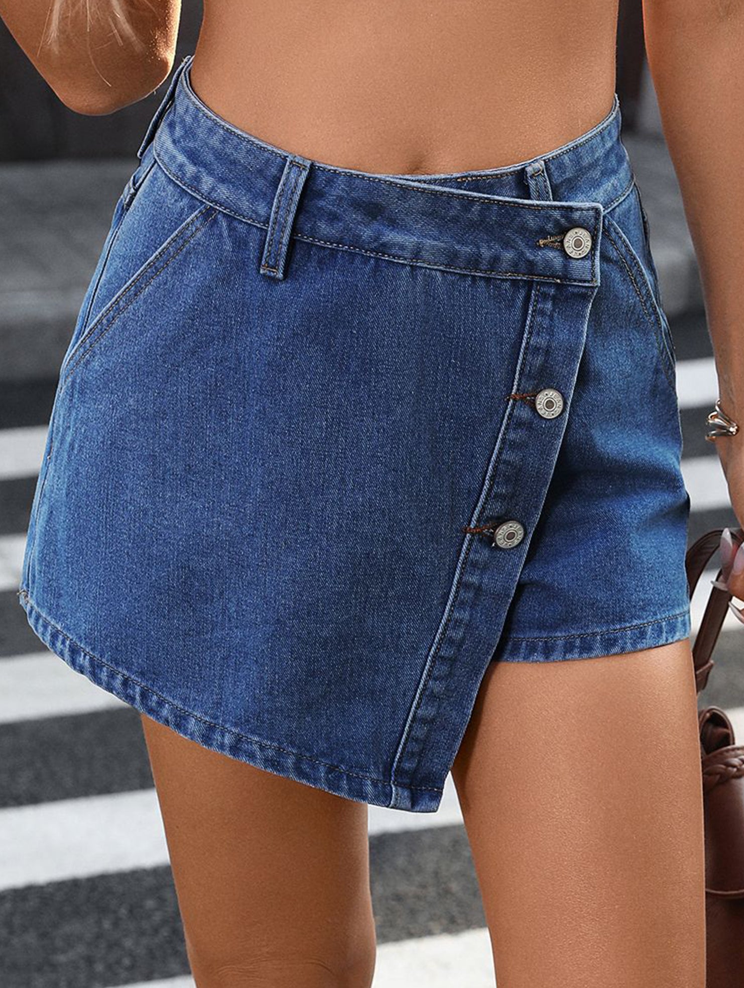 Washed button-embellished irregular denim skirt pants