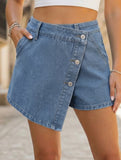 Washed button-embellished irregular denim skirt pants