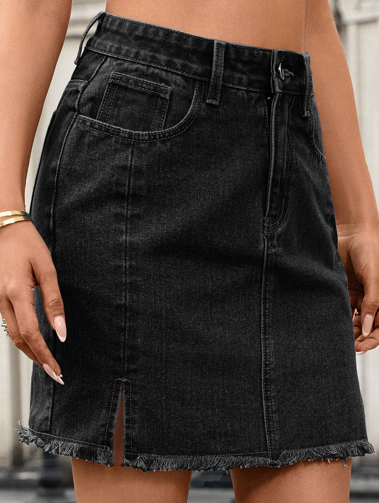Washed Slit Denim Mini Skirt_CWJSK00274