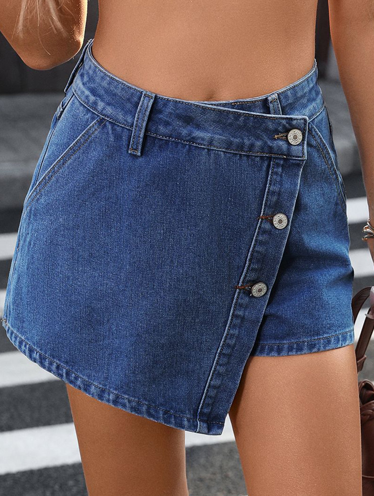 Irregular Button Denim Skort_CWJSK00275