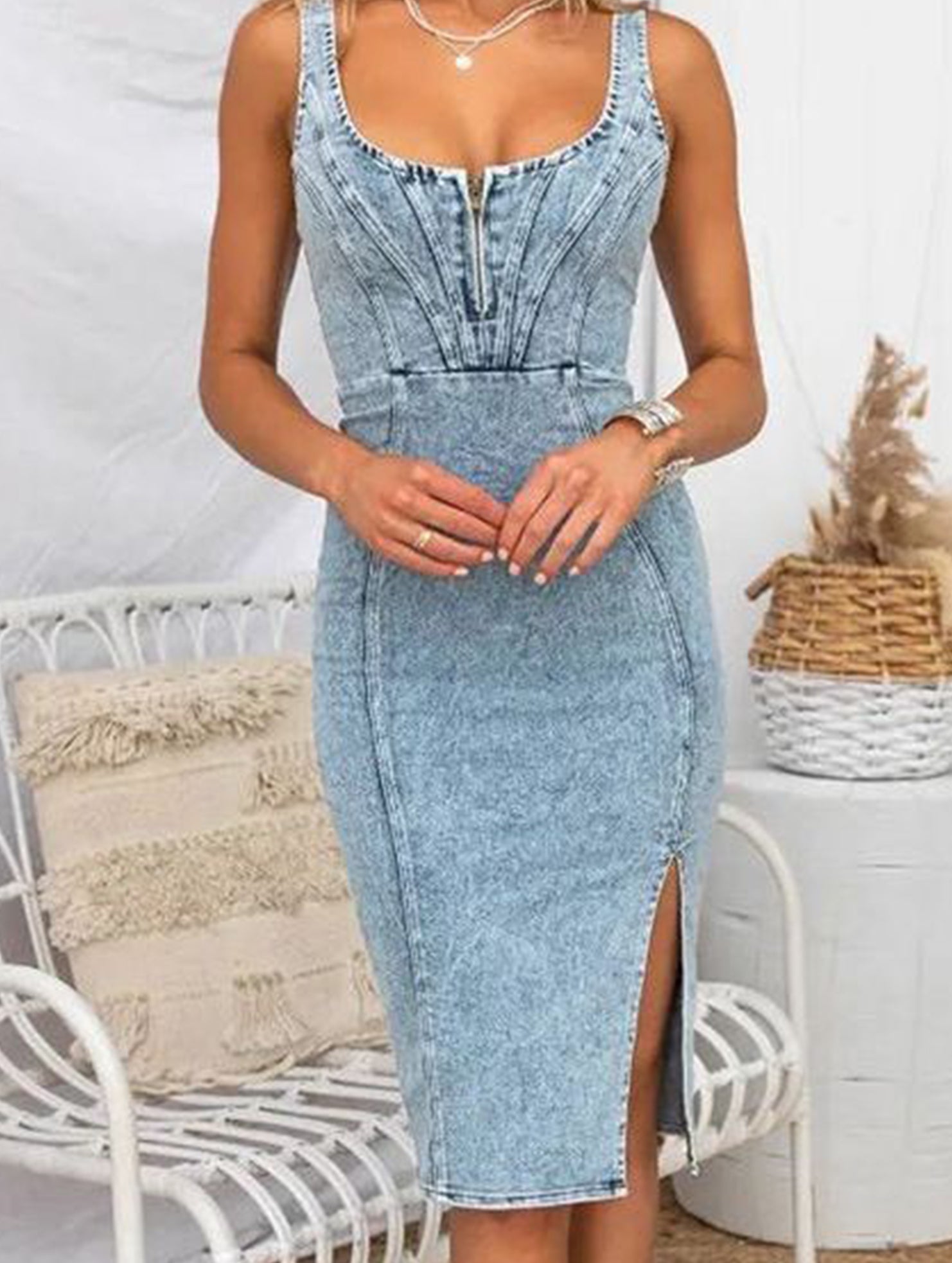 U Neck Denim Cami Mini Dress_CWJSK00276