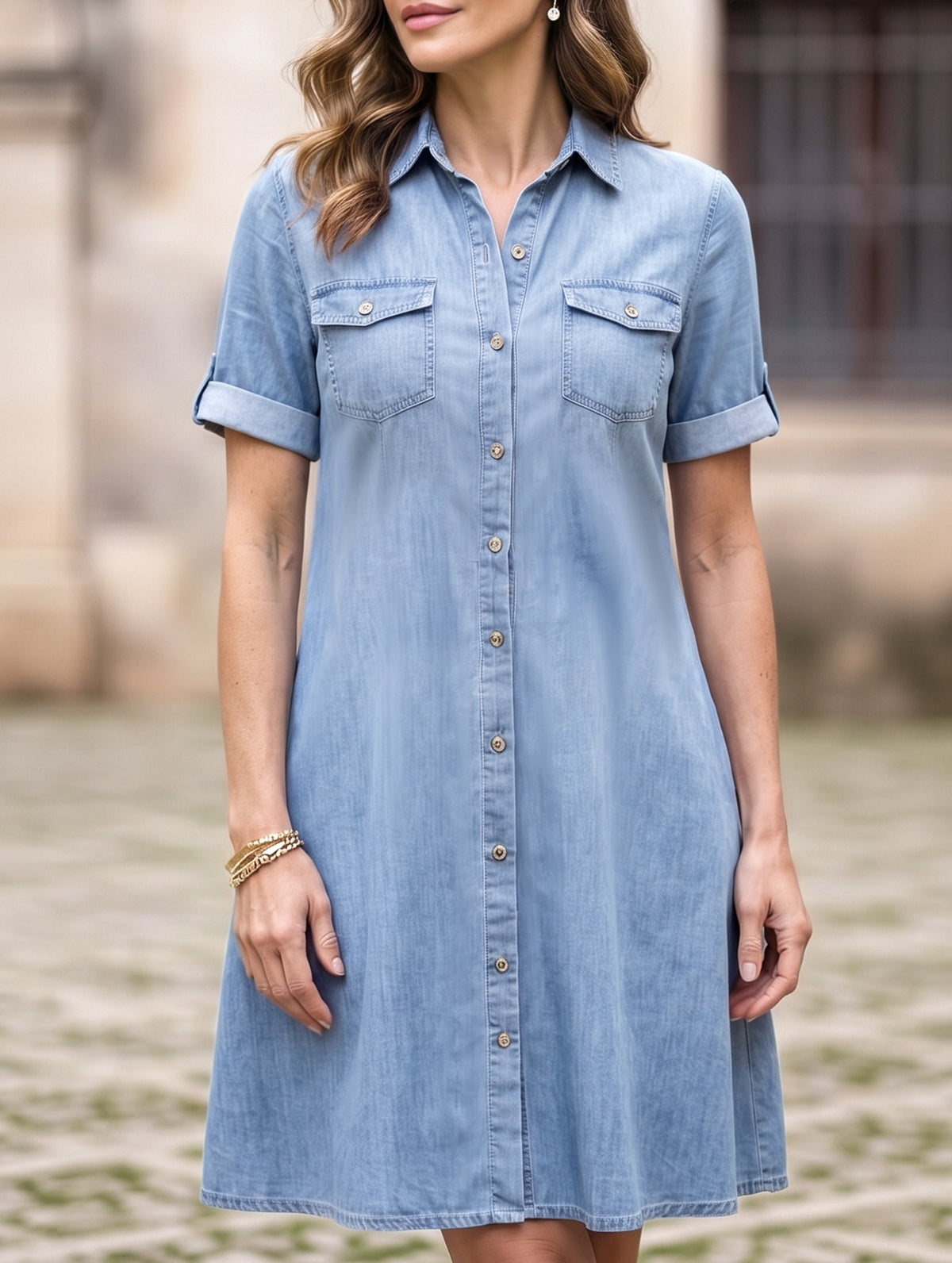 Women's light blue denim loose plus size midi dress - button-up short sleeve shirt dress