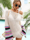 STRIPED LONG SLEEVE HOLLOW KNIT SWIM COVER UP - Doublju