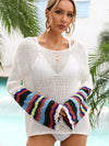 STRIPED LONG SLEEVE HOLLOW KNIT SWIM COVER UP - Doublju