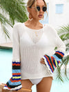 STRIPED LONG SLEEVE HOLLOW KNIT SWIM COVER UP - Doublju