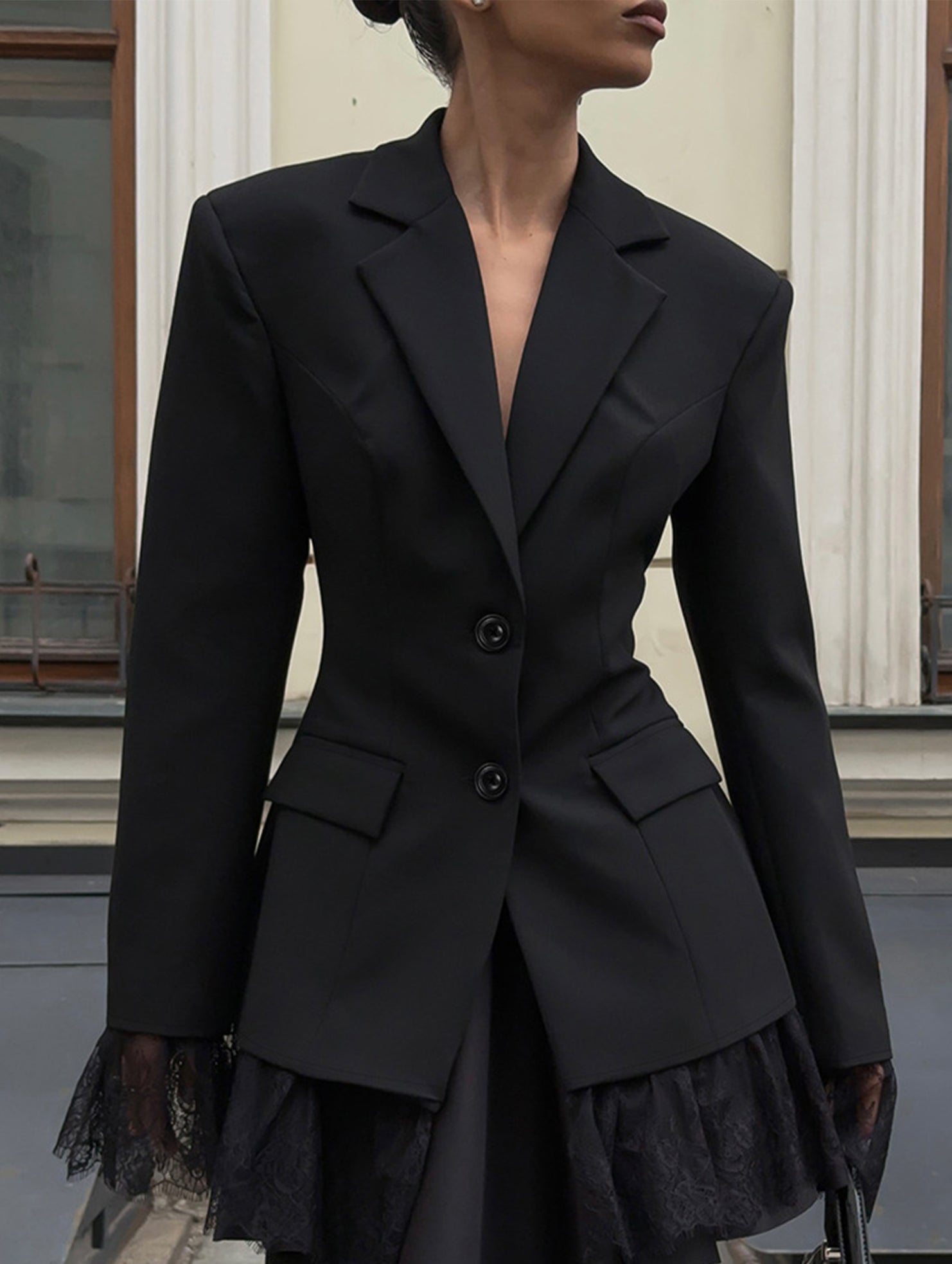 Lace Patchwork Waist Cinched Blazer Jacket