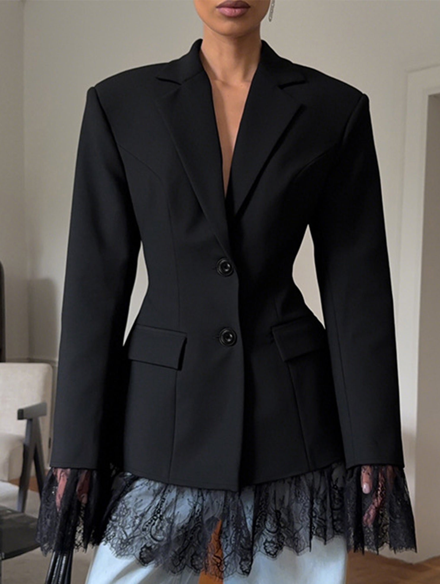 Lace Patchwork Waist Cinched Blazer Jacket