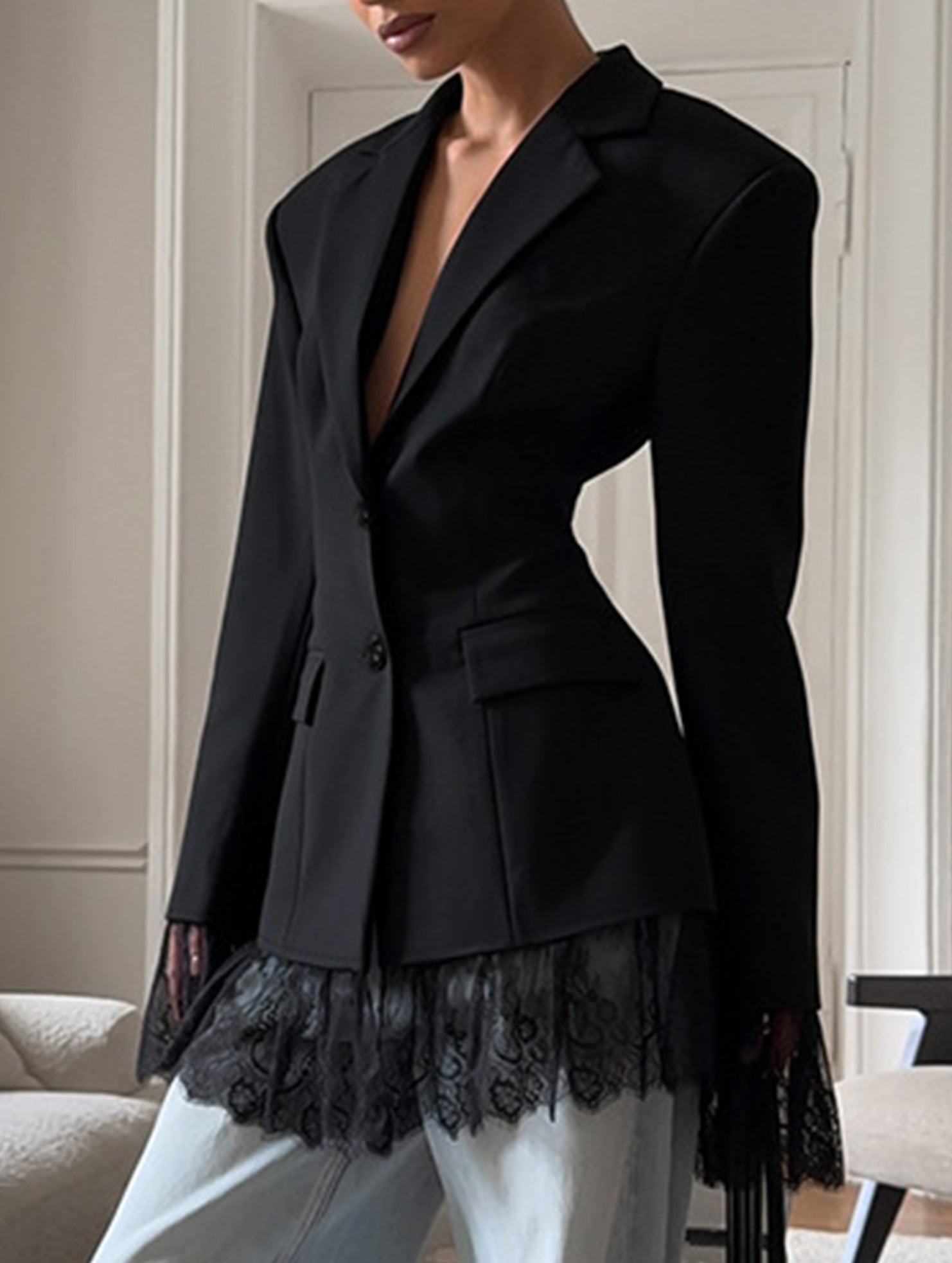 Lace Patchwork Waist Cinched Blazer Jacket