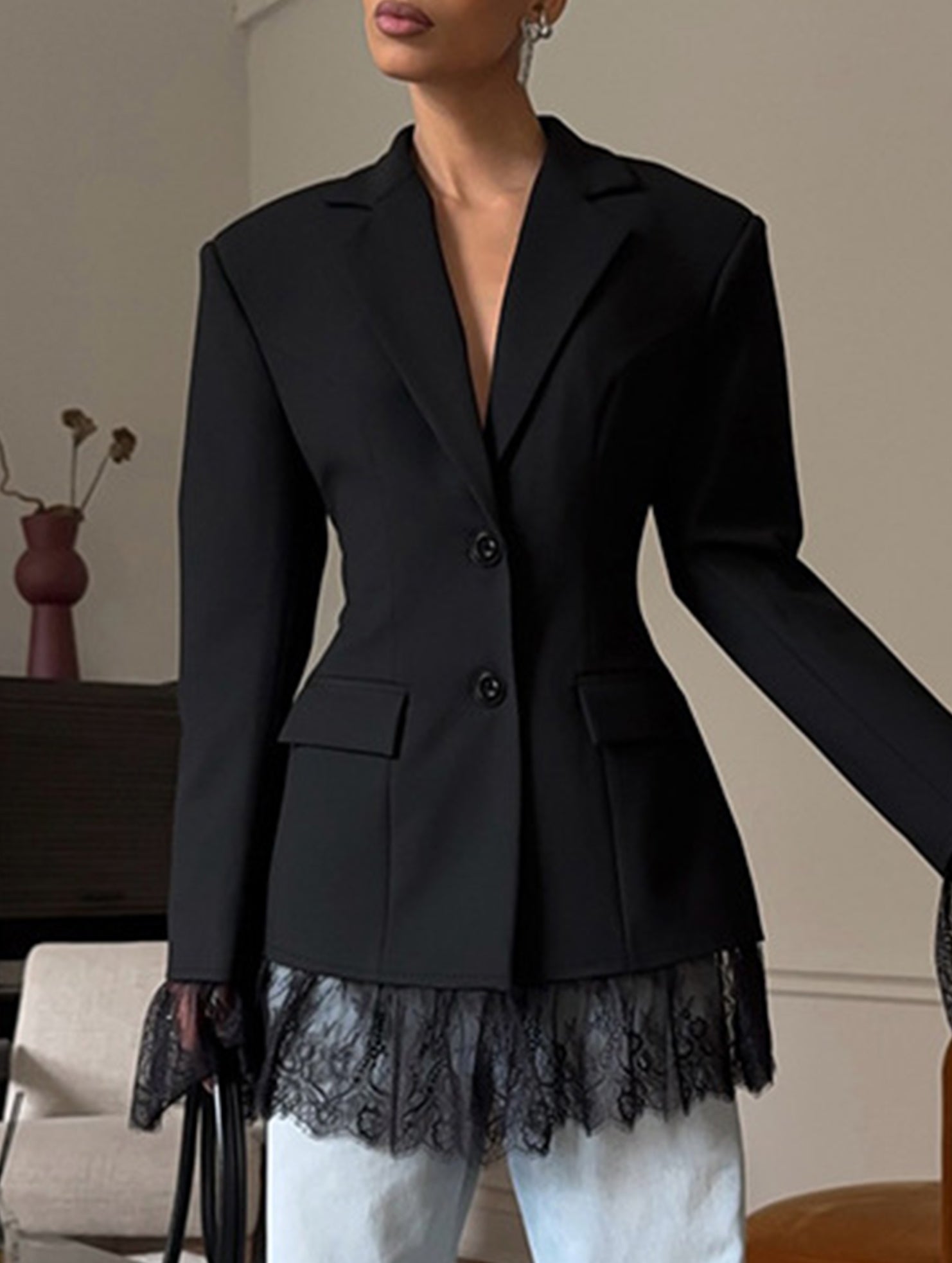 Lace Patchwork Waist Cinched Blazer Jacket