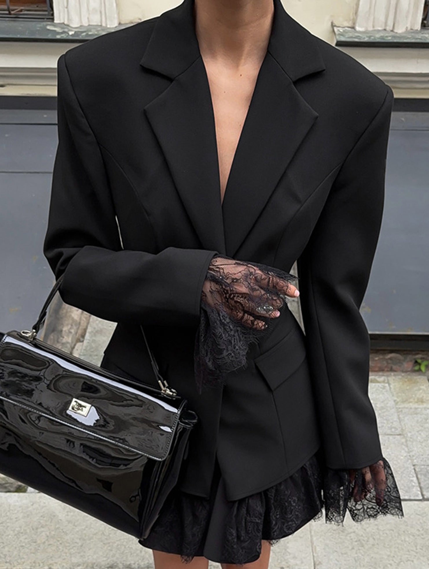 Lace Patchwork Waist Cinched Blazer Jacket