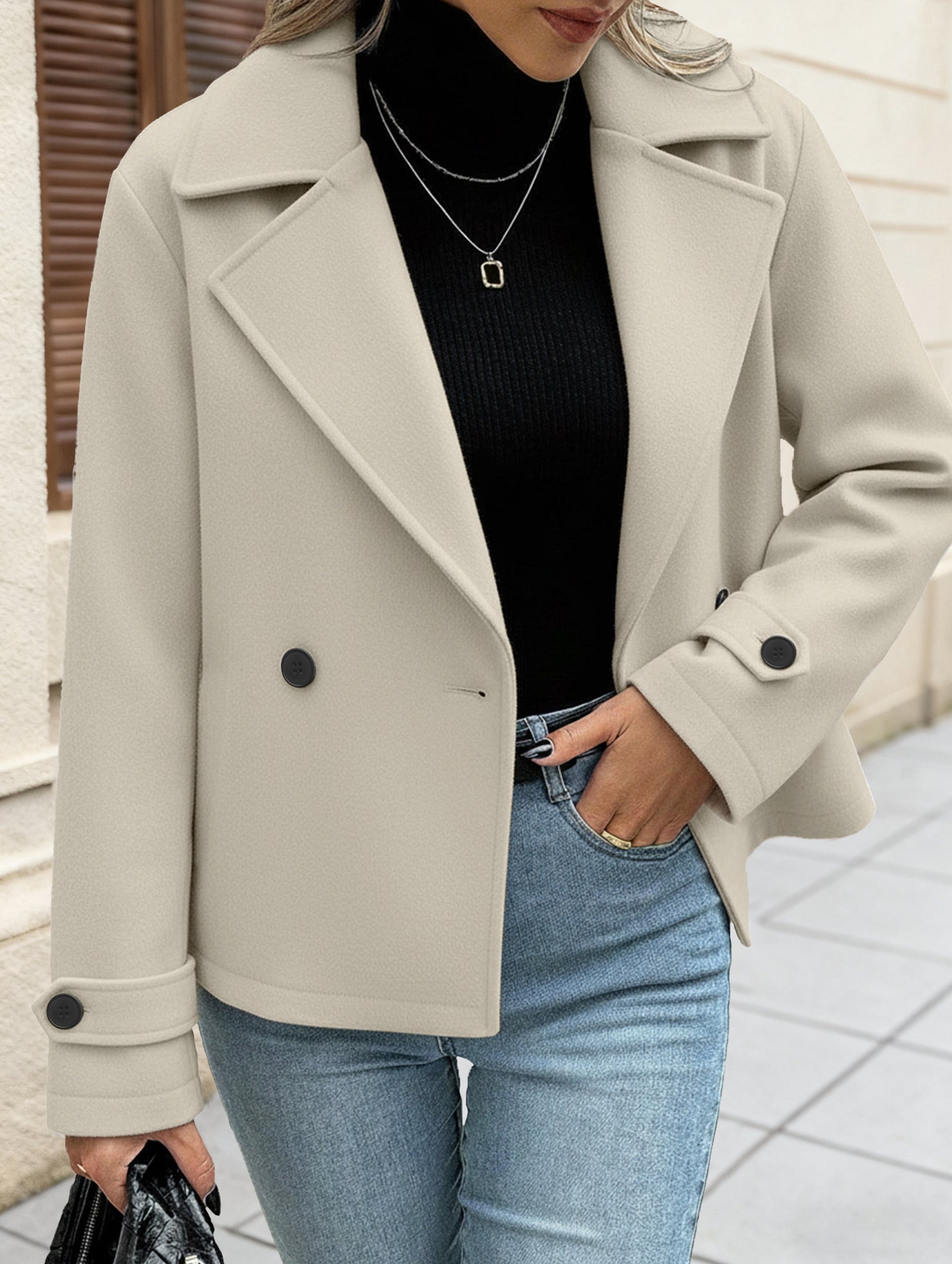 Double Breasted Short Wool Coat for Women_CWOBL00285