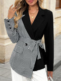 Tie Waist Patchwork Irregular Collar Blazer_CWOBL00286