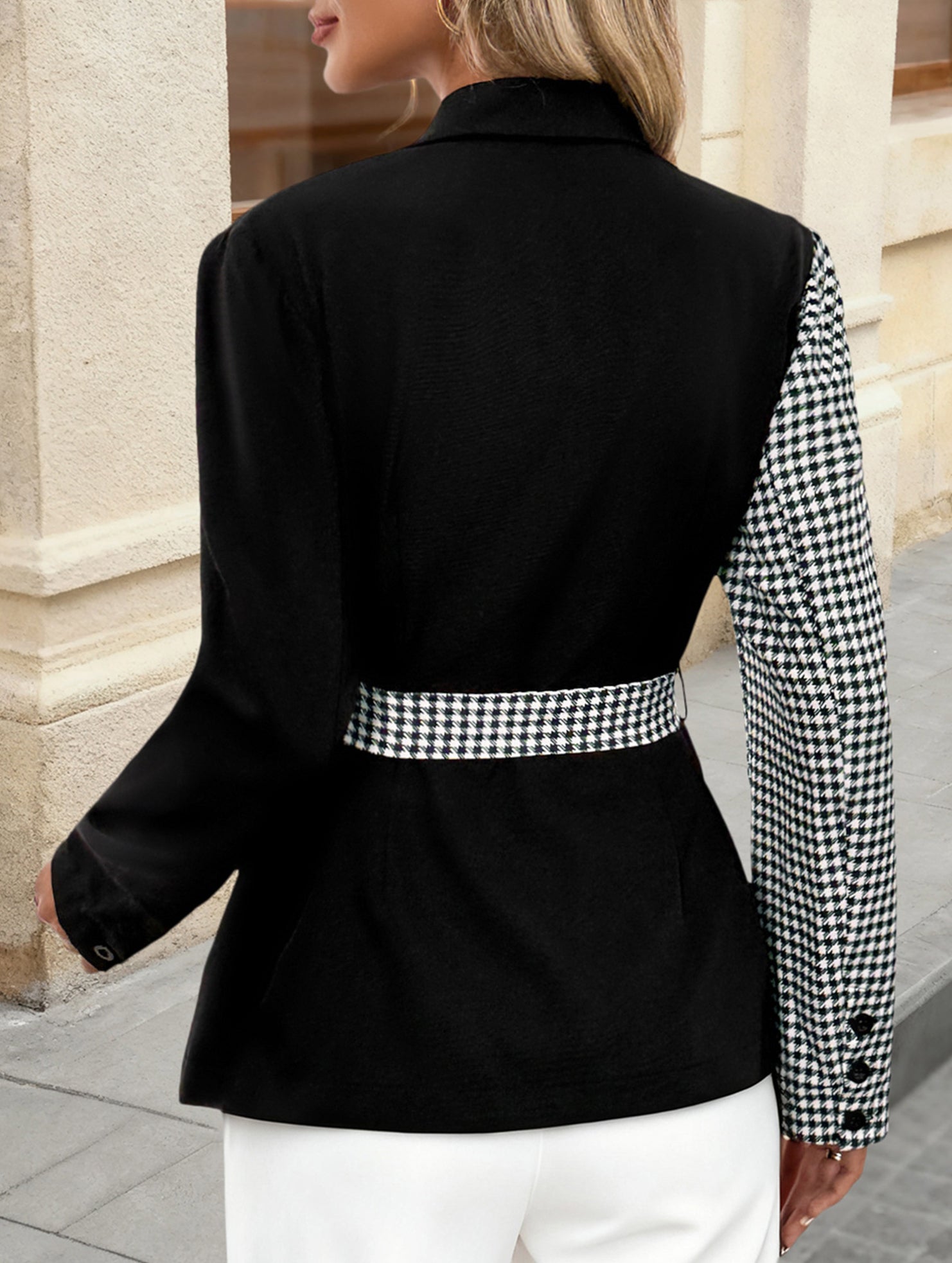 Tie Waist Patchwork Irregular Collar Blazer_CWOBL00286