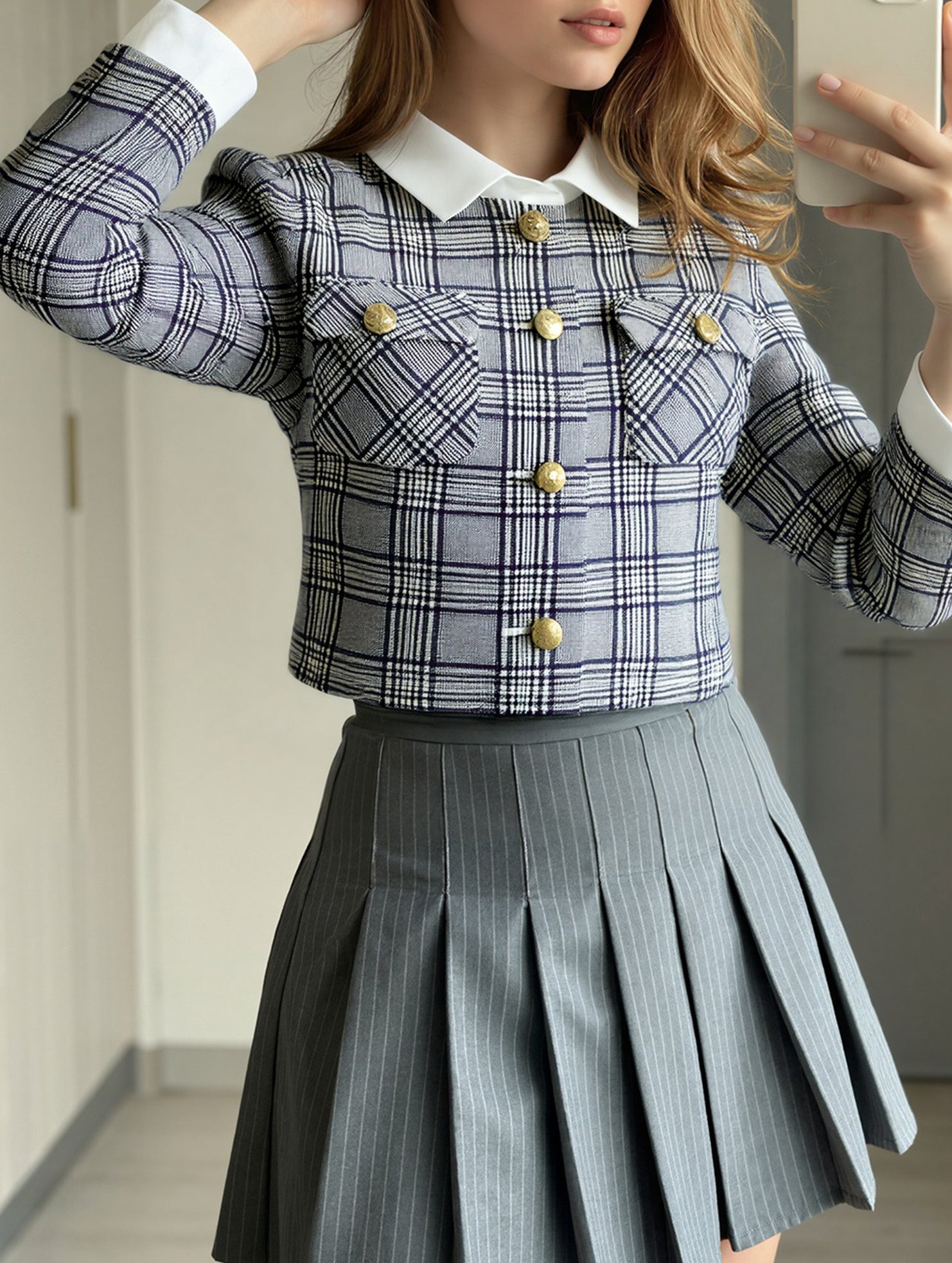Chic Houndstooth Cropped Blazer Jacket_CWOBL00290