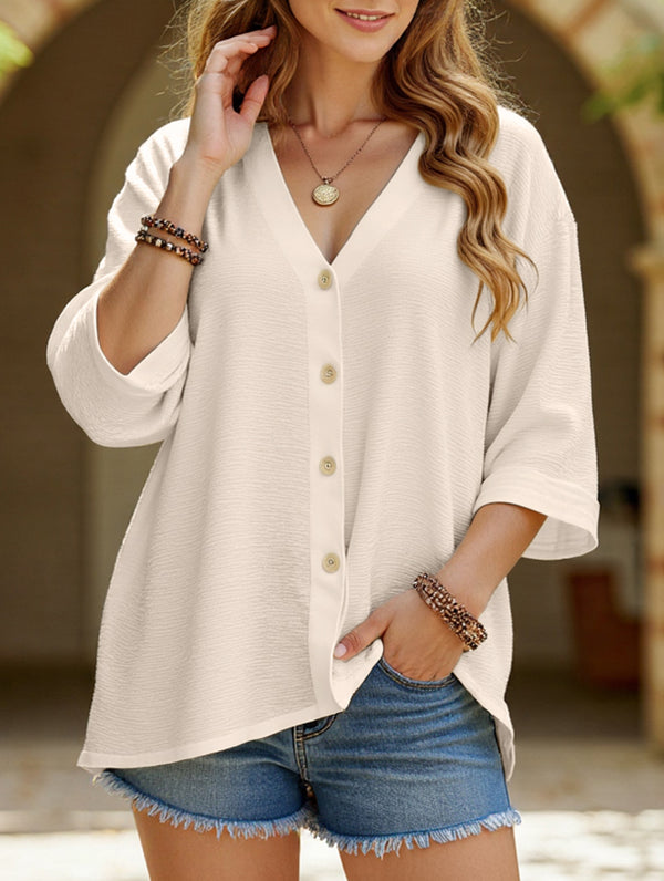 V-Neck Button T-Shirt Cardigan Top - APRICOT