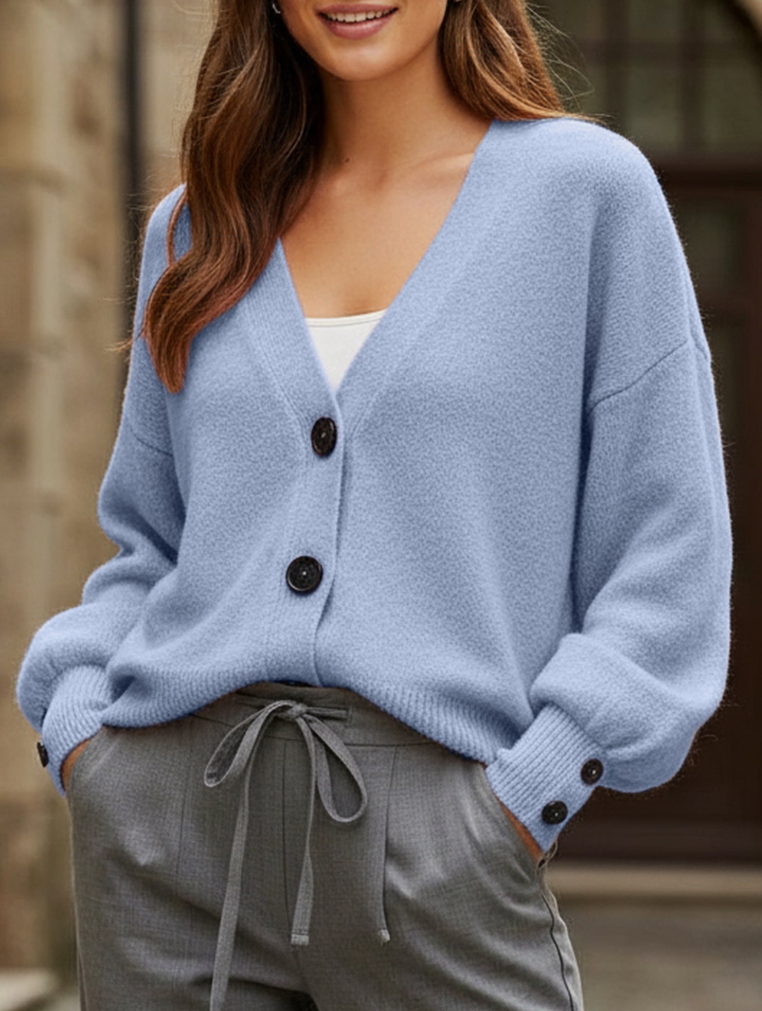 Simple button solid color long-sleeved sweater
