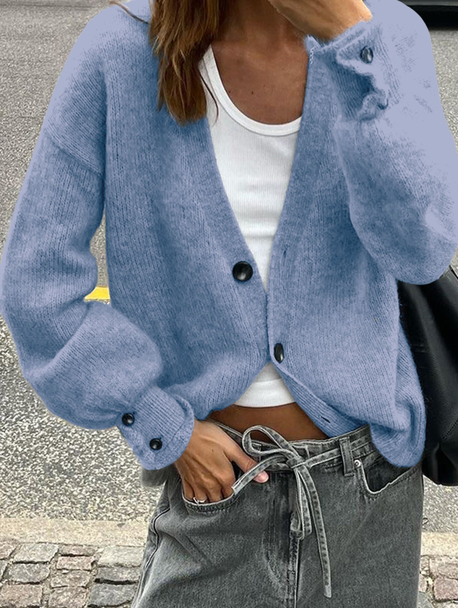 Simple button solid color long-sleeved sweater