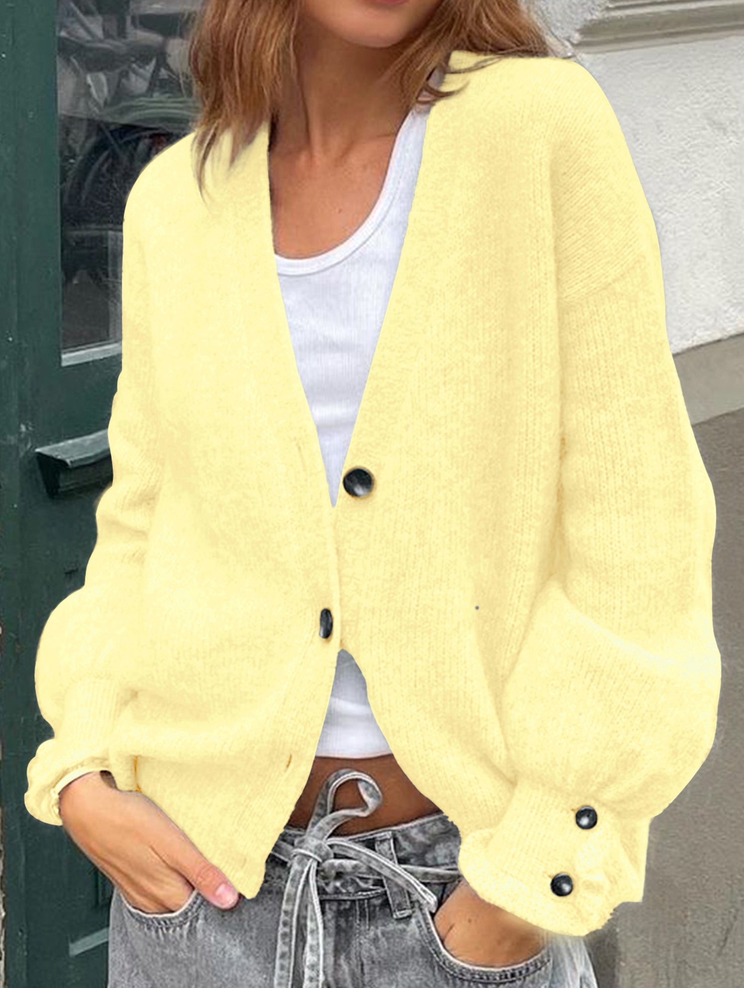Simple button solid color long-sleeved sweater