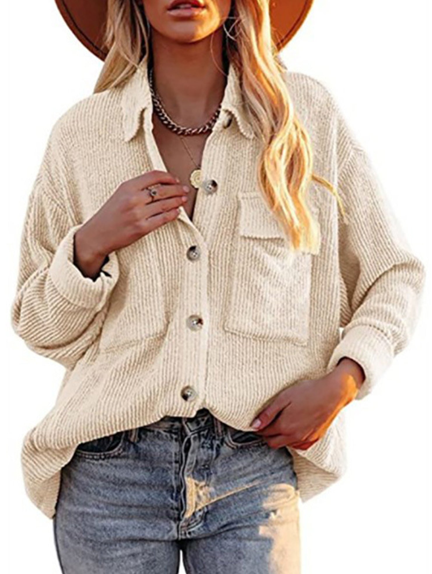 Loose corduroy pocket long-sleeved cardigan jacket