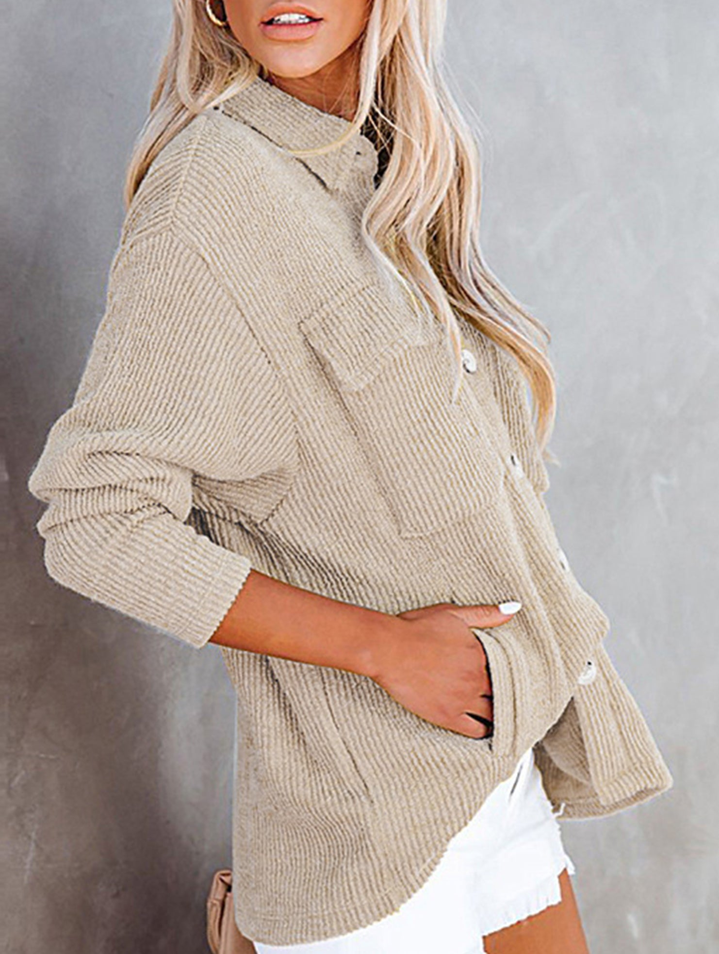 Loose corduroy pocket long-sleeved cardigan jacket