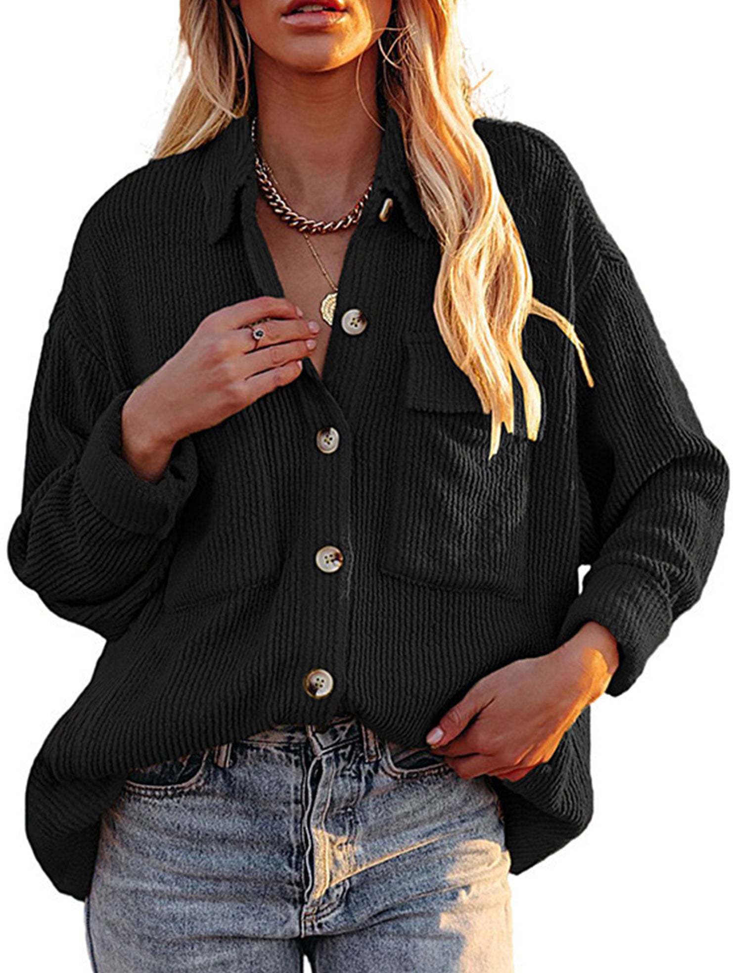 Loose corduroy pocket long-sleeved cardigan jacket