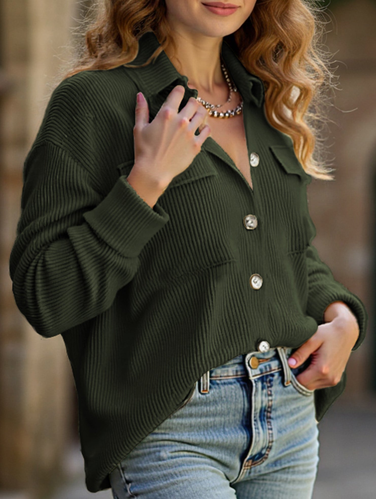 Loose corduroy pocket long-sleeved cardigan jacket