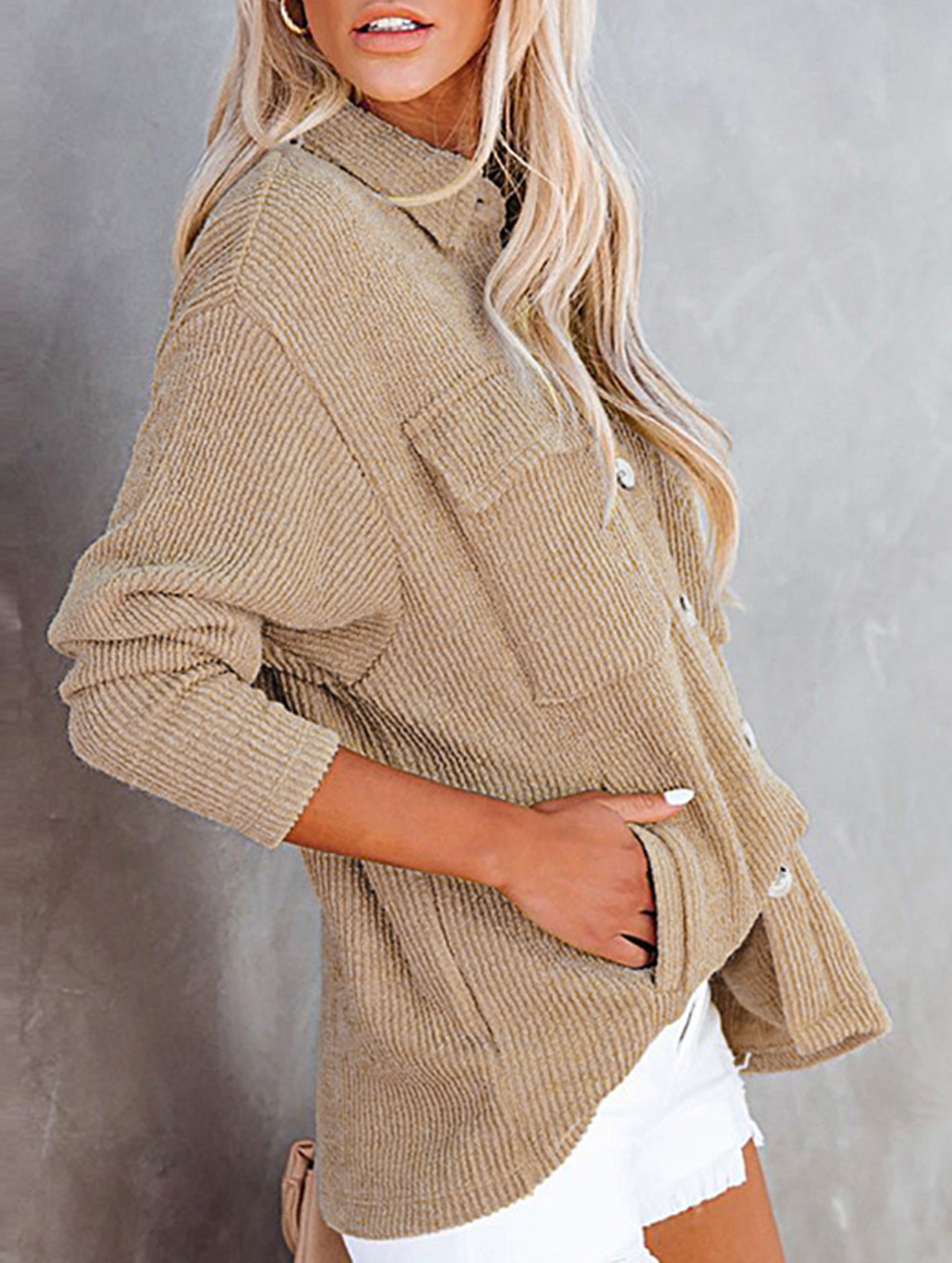Loose corduroy pocket long-sleeved cardigan jacket
