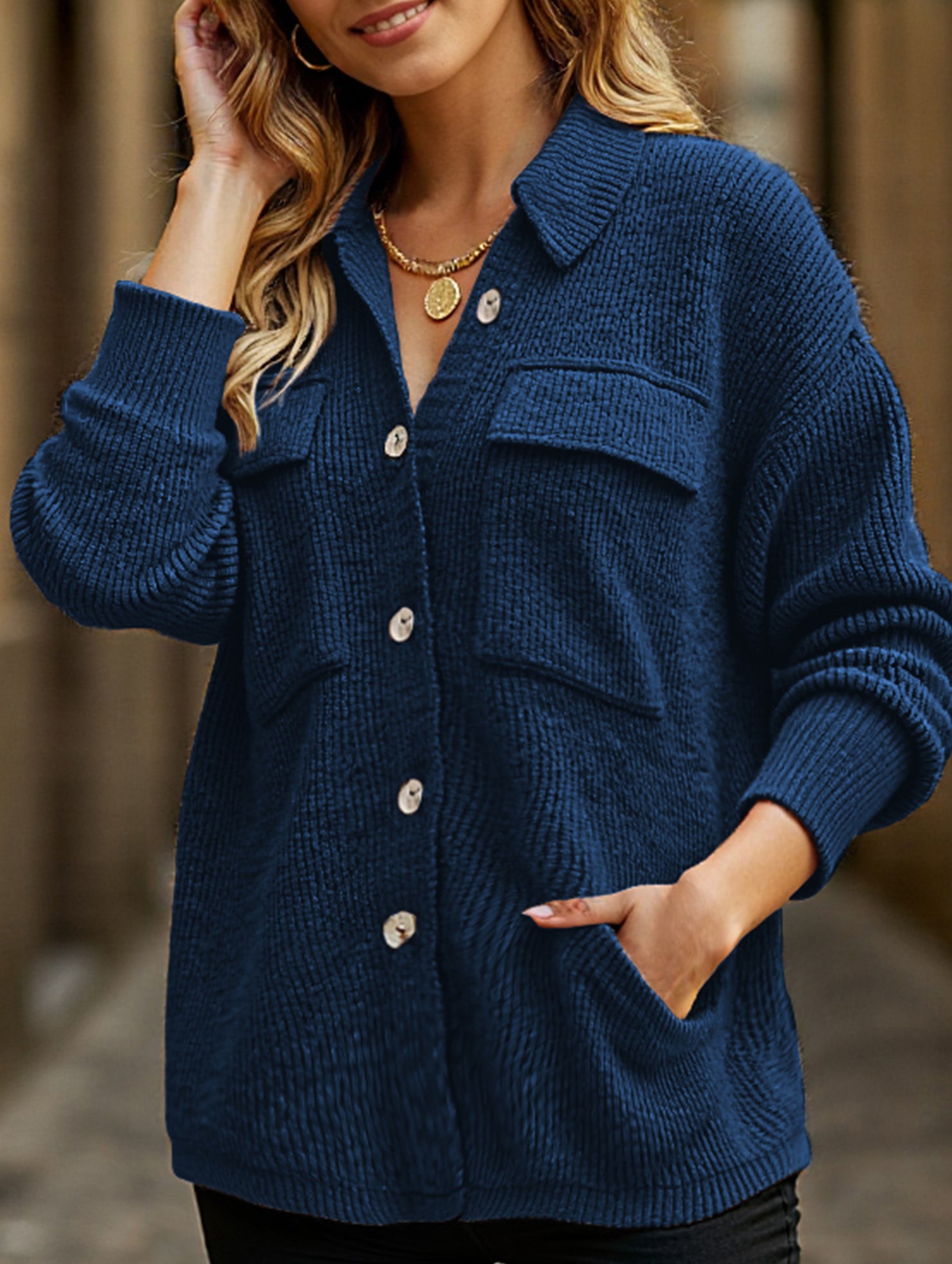 Loose corduroy pocket long-sleeved cardigan jacket